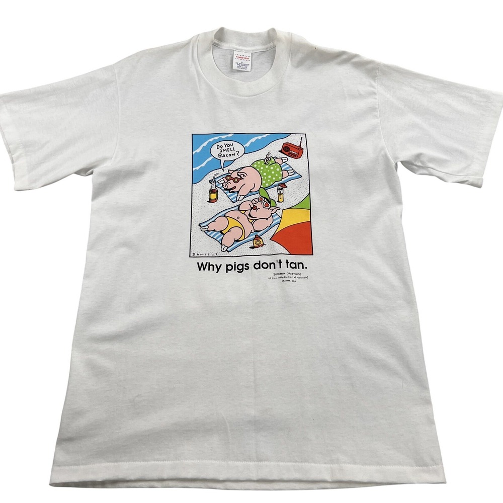 Vtg 90's Why Pigs Dont Tan Graphic T Shirt XL White Center Star USA Funny Joke
